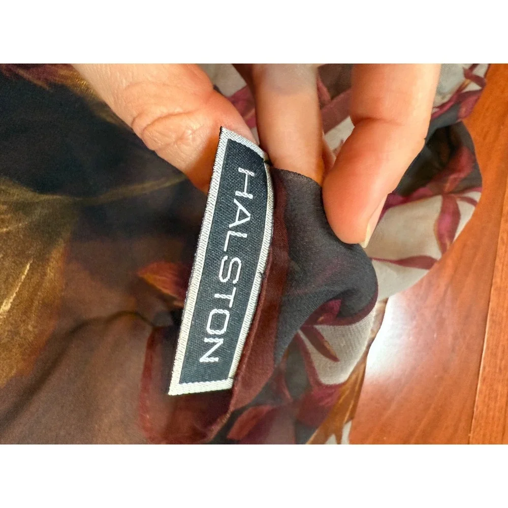 Halston Silk Scarf Autumn Leaves Sheer | Black White Brown |‎ 20